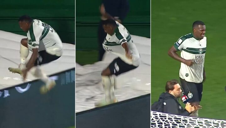 Jogador do Coritiba cai em fosso ao comemorar gol anulado contra a Chapecoense