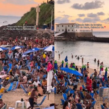 Baianos e turistas lotam Praia do Porto da Barra nesta segunda-feira de inverno