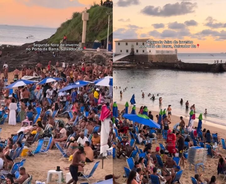 Baianos e turistas lotam a Praia do Porto da Barra nesta segunda-feira de inverno