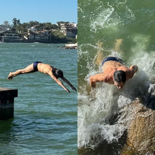 Aos 45 anos, solteiro, Mateus Solano curte dia de praia e exibe corpo sarado de sunga
