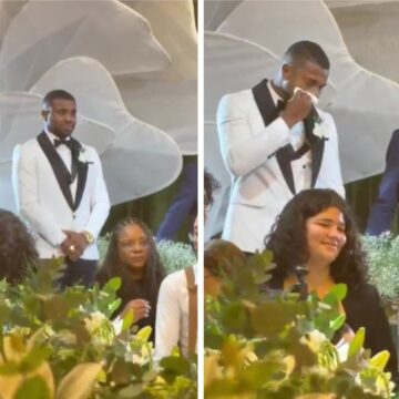 Davi Brito aparece emocionado no início da cerimônia de casamento com Emilly Araújo