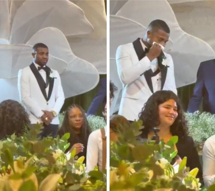 Davi Brito aparece emocionado no início da cerimônia de casamento com Emilly Araújo