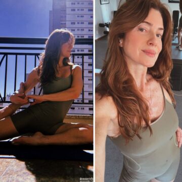 Aos 53 anos, Leticia Spiller faz yoga, treina e toma sol de biquíni de oncinha: “Tem dia que é combo”