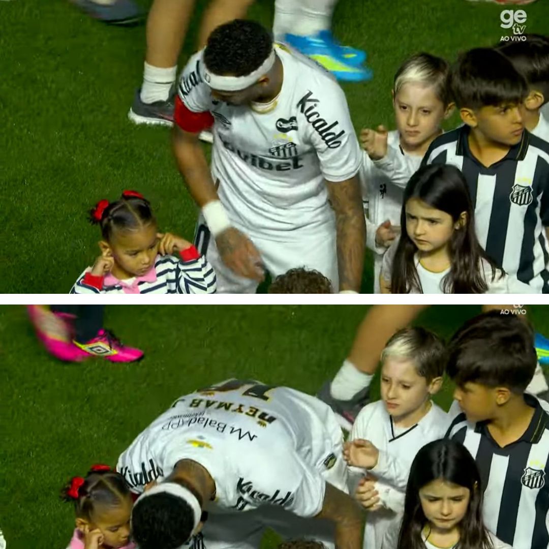 Mavie aparece assustada com o barulho da Vila Belmiro e é acolhida por Neymar em início do Santos x Palmeiras