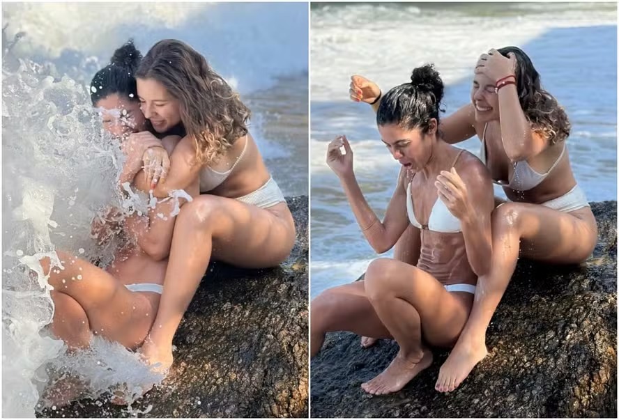 Bela Gil se diverte com a filha Flor Gil na praia após onda atrapalhar momento fofo