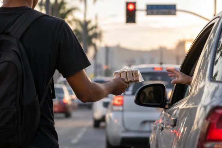 Aos 25 anos, jovem vende paçocas por mais de 10 horas por dia no semáforo para sustentar famíllia