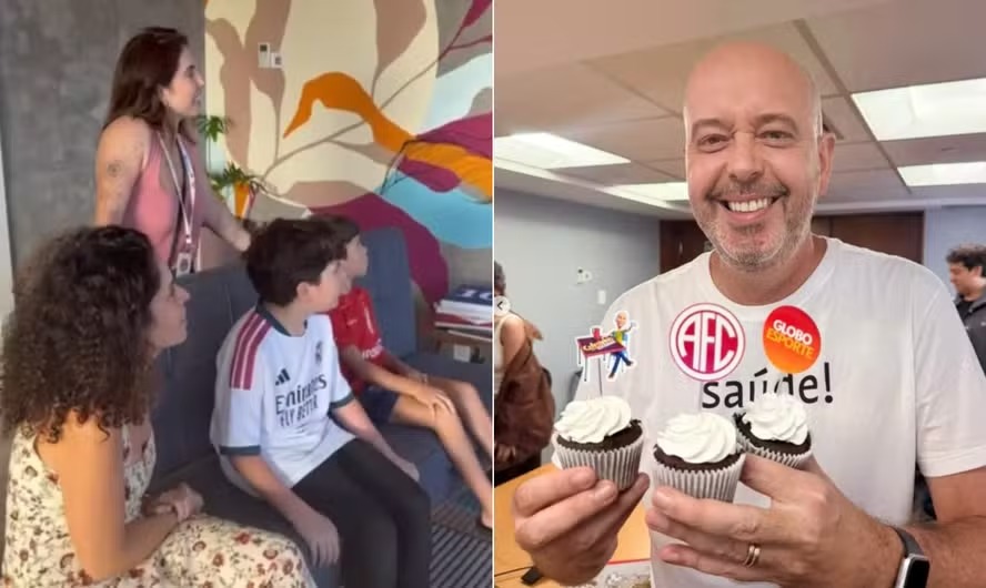 Alex Escobar ganha surpresa da família na volta à Globo após cirurgia para retirada de tumor