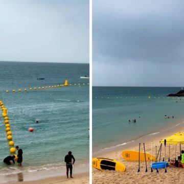 Boias para proteção de banhistas são instaladas no Porto da Barra; veja como ficou