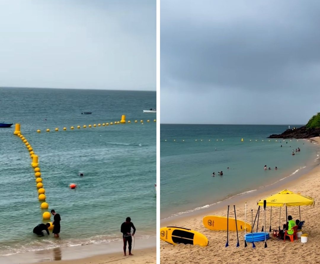 Boias para proteção de banhistas são instaladas no Porto da Barra; veja como ficou