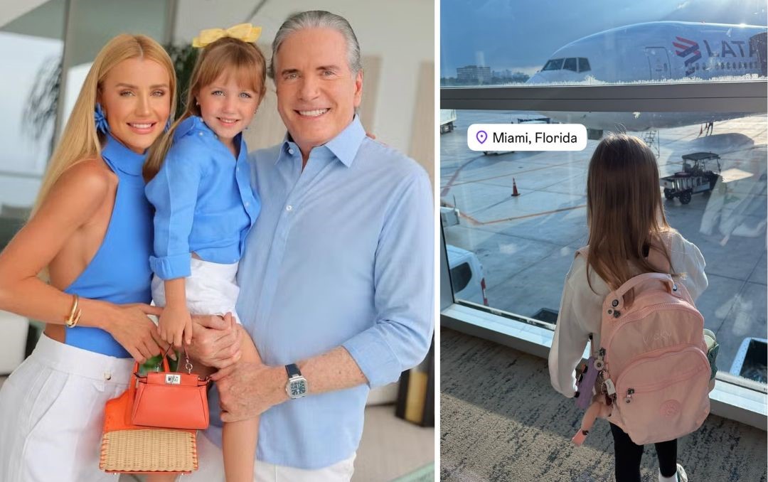 Após fim de semana em Trancoso, Ana Paula Siebert e Roberto Justus desembarcam em Miami com a filha Vicky