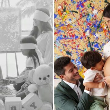 Dias após anunciarem separação, Arthur Aguiar e Jheny Santucci se beijam em chá revelação do segundo filho