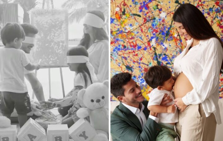 Dias após anunciarem separação, Arthur Aguiar e Jheny Santucci se beijam em chá revelação do segundo filho