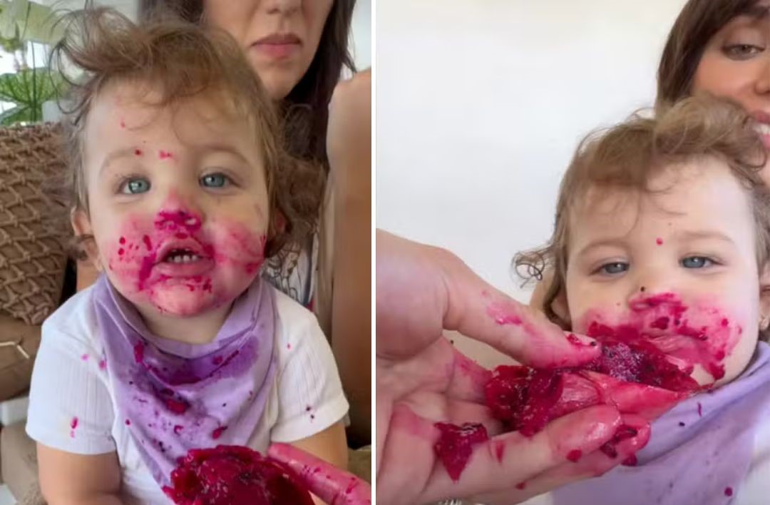 Rafa Kalimann e Nattan brincam durante introdução alimentar de Zuza: ‘Parecendo a Peppa’