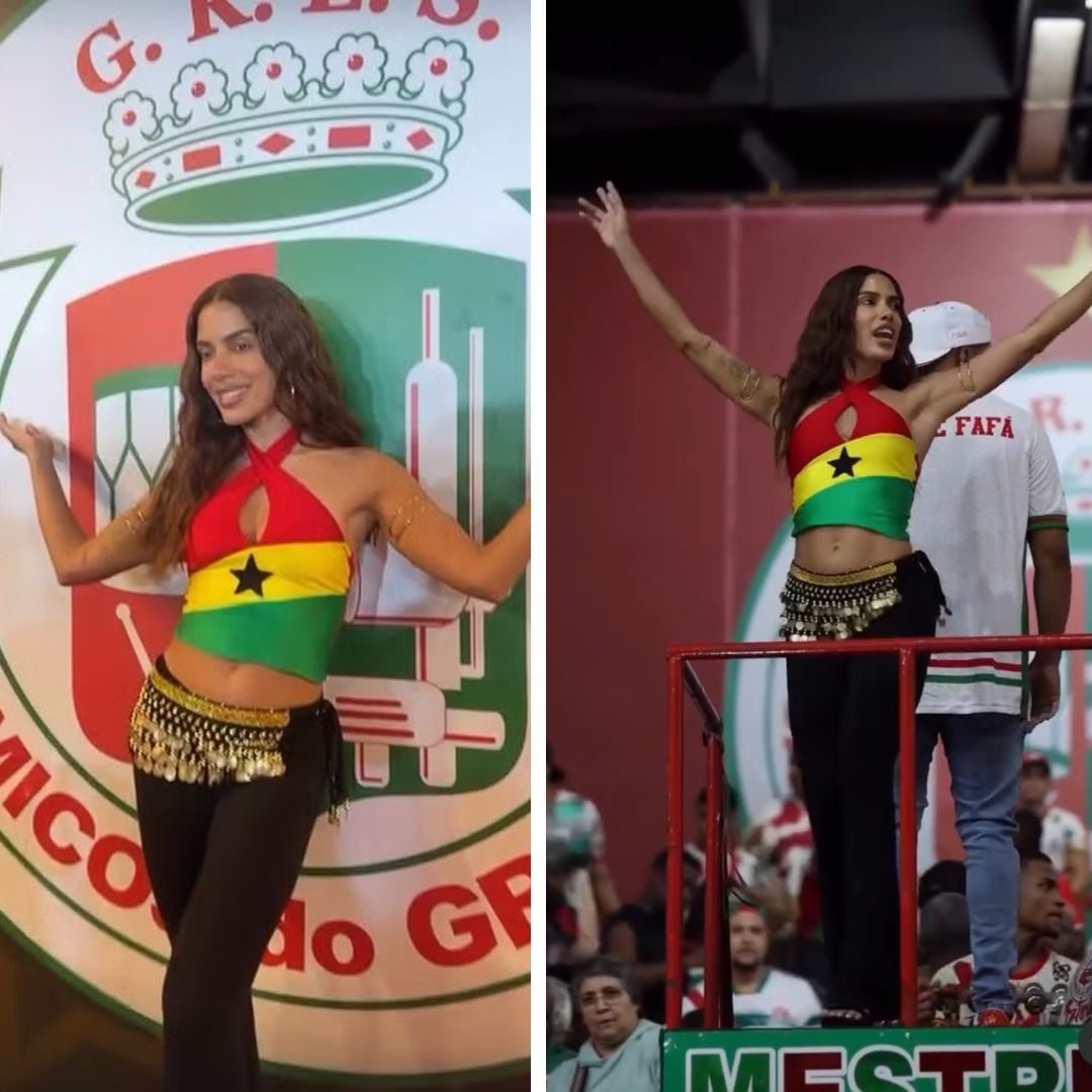 Anitta marca presença em ensaio da Grande Rio com top estampado com a bandeira de Gana; veja vídeo
