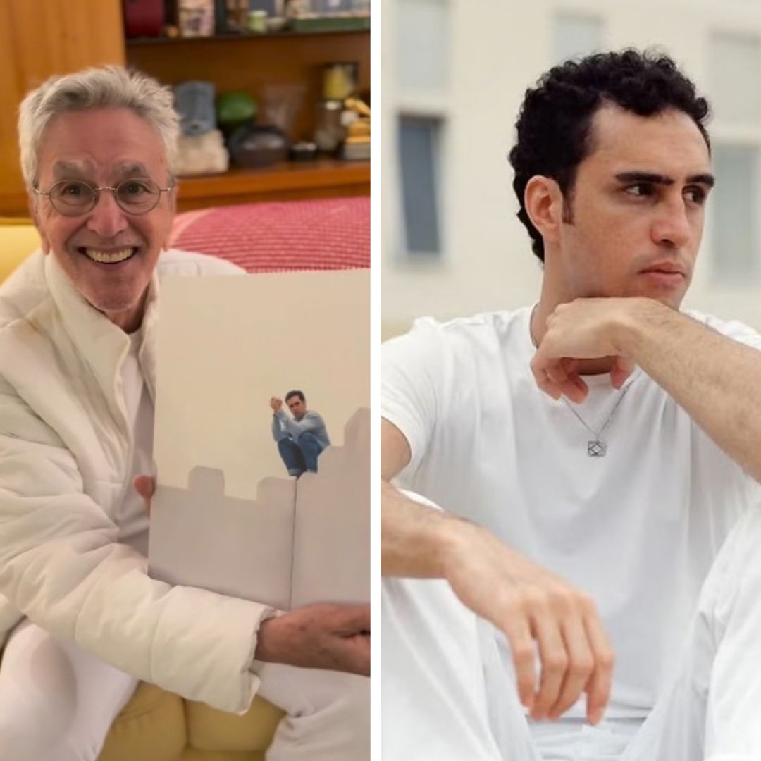 Orgulhoso do filho, Caetano exibe o vinil do álbum de Zeca Veloso, indicado ao Grammy Latino