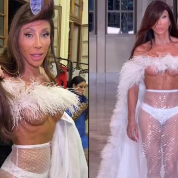 Maya Massafera chama atenção com look transparente em desfile
