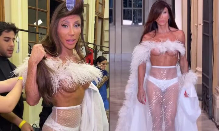 Maya Massafera chama atenção com look transparente em desfile