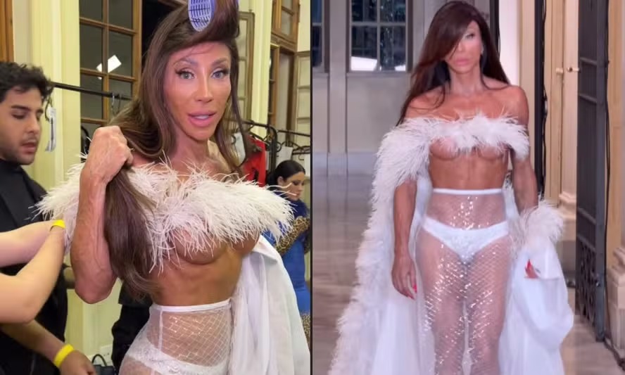 Maya Massafera chama atenção com look transparente em desfile