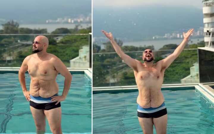 Após perder mais de 23kg sem dietas radicais, Tiago Abravanel posa de sunga