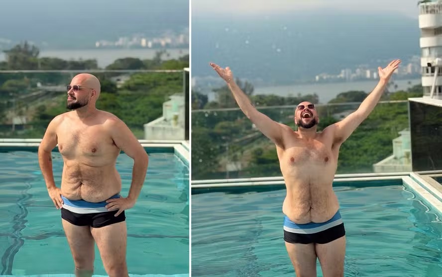 Após perder mais de 23kg sem dietas radicais, Tiago Abravanel posa de sunga