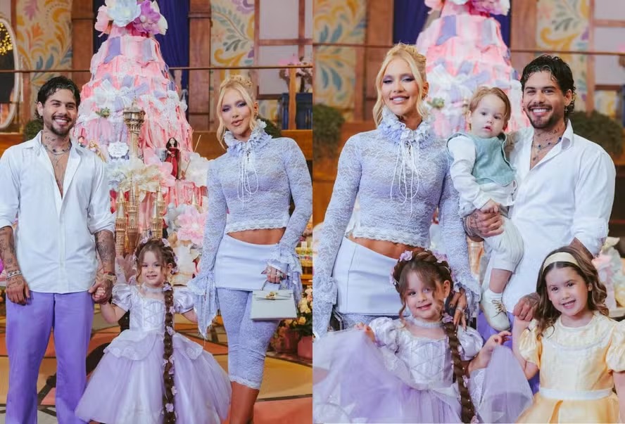 Virginia e Zé Felipe posam pra foto e curtem juntos festa de 4 anos da filha Maria Flor