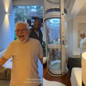 Carlos Alberto volta para casa e é surpreendido com elevador na sala de mansão