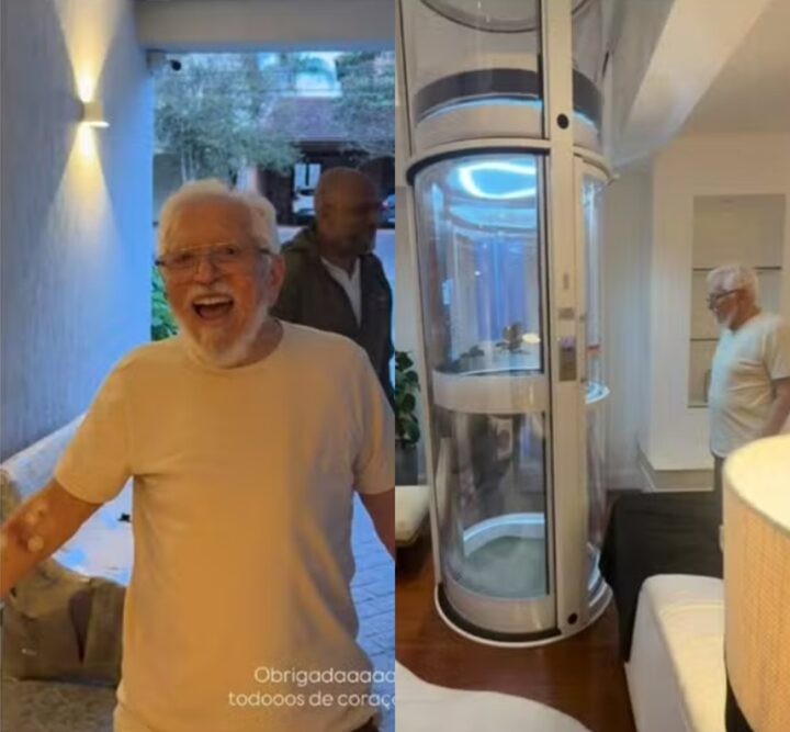 Carlos Alberto volta para casa e é surpreendido com elevador na sala de mansão