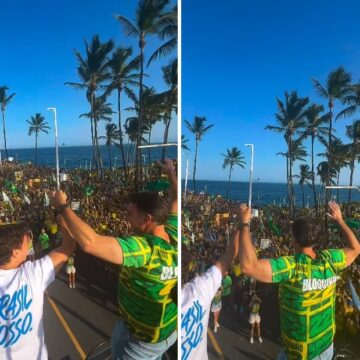 Flávio Bolsonaro reúne ACM Neto, Tarcísio de Freitas e aliados em ato político na Barra; veja vídeos