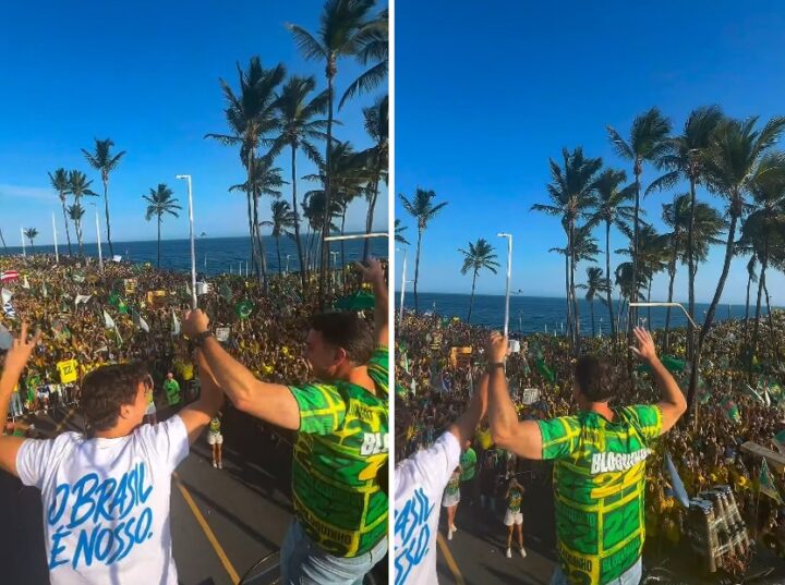 Flávio Bolsonaro reúne ACM Neto, Tarcísio de Freitas e aliados em ato político na Barra; veja vídeos