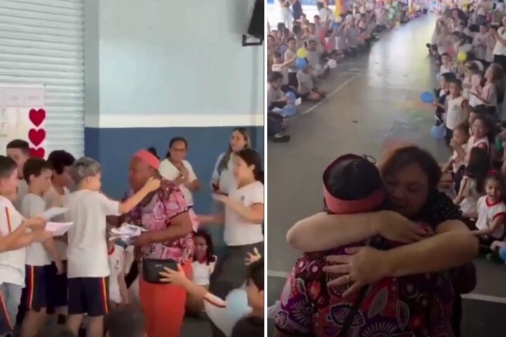 Inspetora se aposenta e viraliza ao ganhar homenagem emocionante dos alunos; confira
